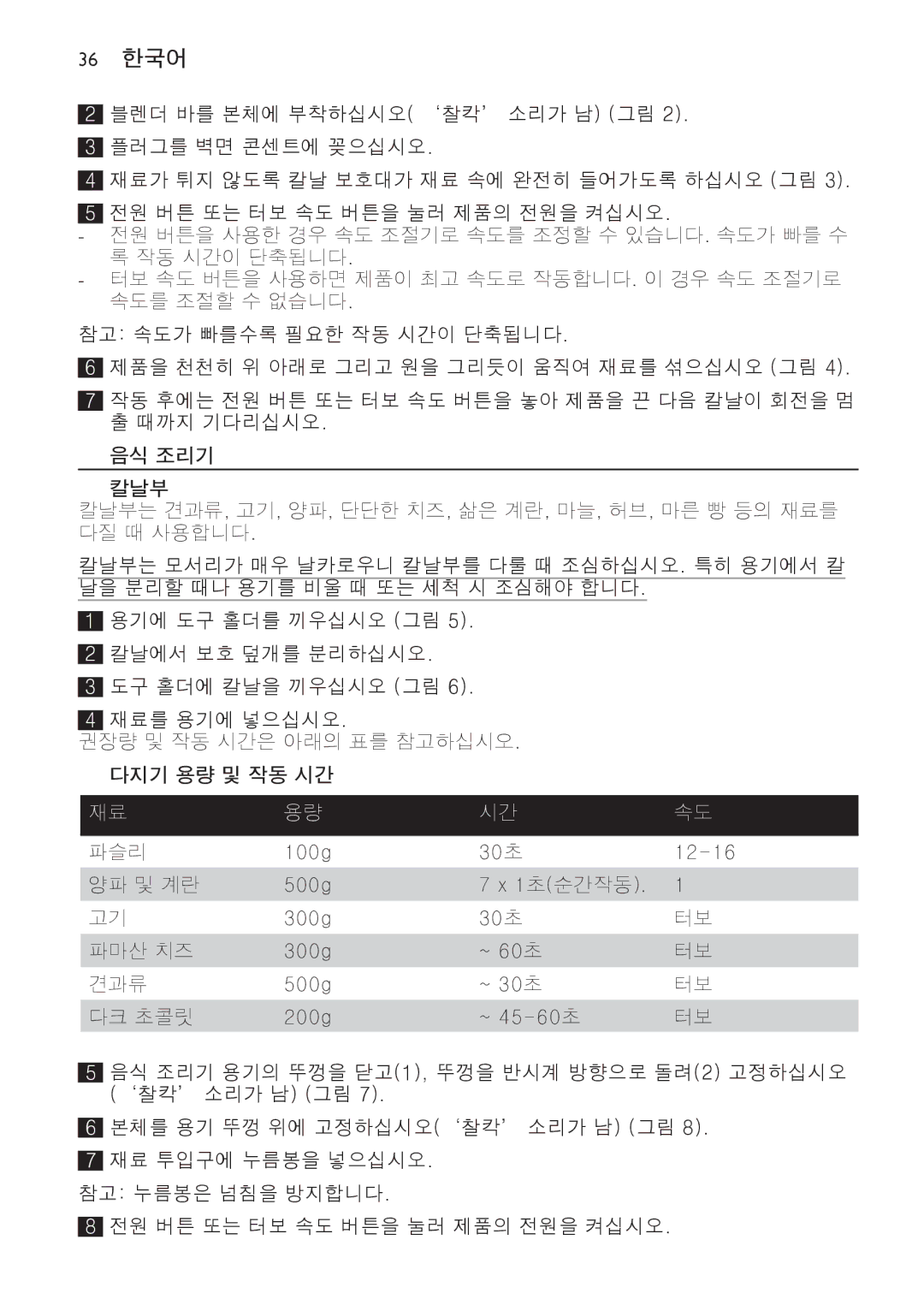 Philips HR1619 manual 36 한국어, 음식 조리기, 다지기 용량 및 작동 시간  